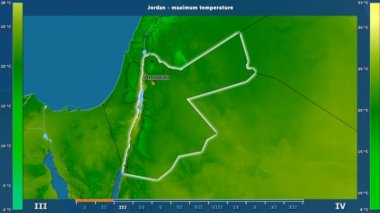 Jordan alanda animasyonlu gösterge - İngilizce etiketleri ile aya göre maksimum sıcaklık: ülke ve sermaye adları, açıklama göster. Sterografik projeksiyon