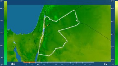 Jordan alanda animasyonlu gösterge - parlayan şekli, idari sınırları, ana şehirler, sermaye ile maksimum sıcaklık aya göre. Sterografik projeksiyon