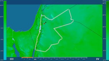 Animasyonlu efsanesi - parlayan şekli, idari sınırları, ana şehirler, sermaye ile Jordan alanında minimum sıcaklığı aya göre. Sterografik projeksiyon