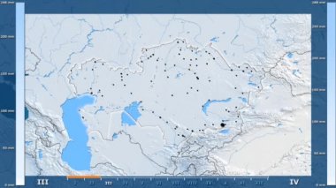 Animasyonlu gösterge - parlayan şekli, idari sınırları, ana şehirler, sermaye ile Kazakistan bölgede yağış aya göre. Sterografik projeksiyon