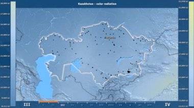 Aya göre güneş radyasyonu animasyonlu gösterge - İngilizce etiketleri ile Kazakistan bölgede: ülke ve sermaye adları, açıklama göster. Sterografik projeksiyon