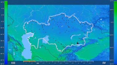 Animasyonlu efsanesi - parlayan şekli, idari sınırları, ana şehirler, sermaye ile Kazakistan alanında minimum sıcaklığı aya göre. Sterografik projeksiyon