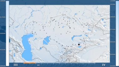 Animasyonlu gösterge - parlayan şekli, idari sınırları, ana şehirler, sermaye ile Kazakistan bölgede su buharı basıncı aya göre. Sterografik projeksiyon