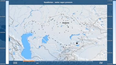 Animasyonlu gösterge - İngilizce etiketleri ile Kazakistan bölgede aya göre su buhar basıncı: ülke ve sermaye adları, açıklama göster. Sterografik projeksiyon