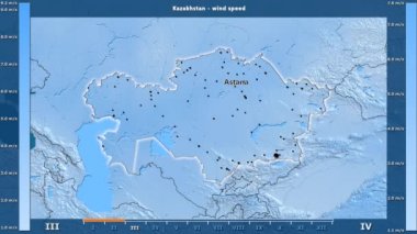 Rüzgar hızı aya göre animasyonlu gösterge - İngilizce etiketleri ile Kazakistan bölgede: ülke ve sermaye adları, açıklama göster. Sterografik projeksiyon