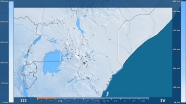 Animasyonlu gösterge - parlayan şekli, idari sınırları, ana şehirler, sermaye ile Kenya bölgede yağış aya göre. Sterografik projeksiyon