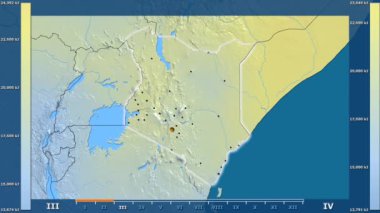 Animasyonlu efsanesi - parlayan şekli, idari sınırları, ana şehirler, sermaye ile Kenya alanında güneş radyasyonu aya göre. Sterografik projeksiyon