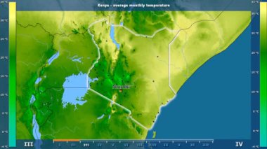Ortalama sıcaklık ay tarafından animasyonlu efsanesi - İngilizce etiketleri ile Kenya alanında: ülke ve sermaye adları, açıklama göster. Sterografik projeksiyon