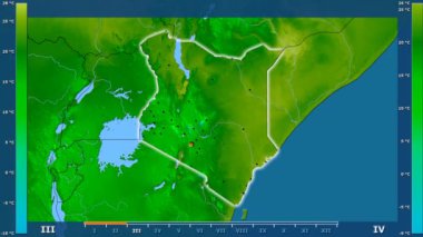 Animasyonlu efsanesi - parlayan şekli, idari sınırları, ana şehirler, sermaye ile Kenya alanında minimum sıcaklığı aya göre. Sterografik projeksiyon