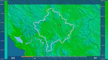 Animasyonlu efsanesi - parlayan şekli, idari sınırları, ana şehirler, sermaye ile Kosova bölgesinde ortalama sıcaklık aya göre. Sterografik projeksiyon