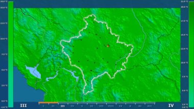Animasyonlu efsanesi - parlayan şekli, idari sınırları, ana şehirler, sermaye ile Kosova bölgesinde maksimum sıcaklık aya göre. Sterografik projeksiyon