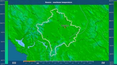 Aya göre maksimum sıcaklık animasyonlu efsanesi - İngilizce etiketleri ile Kosova bölgesinde: ülke ve sermaye adları, açıklama göster. Sterografik projeksiyon