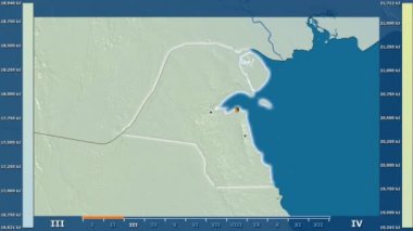Animasyonlu efsanesi - parlayan şekli, idari sınırları, ana şehirler, sermaye ile Kuveyt bölgesinde güneş radyasyonu aya göre. Sterografik projeksiyon