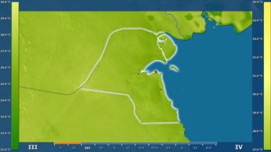 Animasyonlu efsanesi - parlayan şekli, idari sınırları, ana şehirler, sermaye ile Kuveyt alanında maksimum sıcaklık aya göre. Sterografik projeksiyon