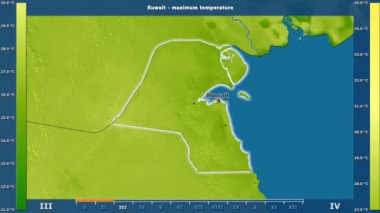 Aya göre maksimum sıcaklık animasyonlu efsanesi - İngilizce etiketleri ile Kuveyt alanında: ülke ve sermaye adları, açıklama göster. Sterografik projeksiyon