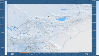 Animasyonlu efsanesi - parlayan şekli, idari sınırları, ana şehirler, sermaye ile Kırgızistan alan yağış aya göre. Sterografik projeksiyon