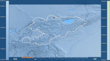 Animasyonlu efsanesi - parlayan şekli, idari sınırları, ana şehirler, sermaye ile Kırgızistan alanında güneş radyasyonu aya göre. Sterografik projeksiyon