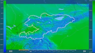 Animasyonlu efsanesi - parlayan şekli, idari sınırları, ana şehirler, sermaye ile Kırgızistan alanında ortalama sıcaklık aya göre. Sterografik projeksiyon