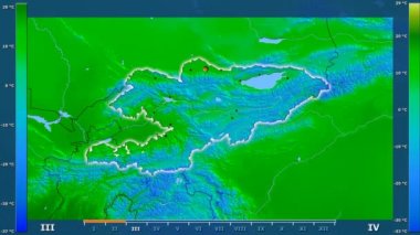 Animasyonlu efsanesi - parlayan şekli, idari sınırları, ana şehirler, sermaye ile Kırgızistan alanında maksimum sıcaklık aya göre. Sterografik projeksiyon