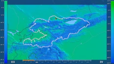 Animasyonlu efsanesi - parlayan şekli, idari sınırları, ana şehirler, sermaye ile Kırgızistan alanında minimum sıcaklığı aya göre. Sterografik projeksiyon