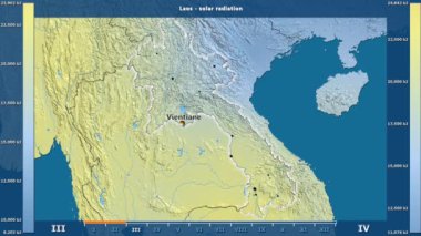 Aya göre güneş radyasyonu animasyonlu efsanesi - İngilizce etiketleri ile Laos alanında: ülke ve sermaye adları, açıklama göster. Sterografik projeksiyon