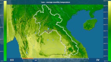 Ortalama sıcaklık ay tarafından animasyonlu efsanesi - İngilizce etiketleri ile Laos alanında: ülke ve sermaye adları, açıklama göster. Sterografik projeksiyon
