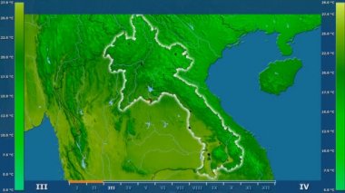Animasyonlu efsanesi - parlayan şekli, idari sınırları, ana şehirler, sermaye ile Laos alanında minimum sıcaklığı aya göre. Sterografik projeksiyon