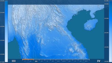 Animasyonlu gösterge - ham renk shader ile Laos bölgede su buharı basıncı aya göre. Sterografik projeksiyon