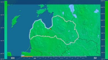 Animasyonlu efsanesi - parlayan şekli, idari sınırları, ana şehirler, sermaye ile Letonya alanında maksimum sıcaklık aya göre. Sterografik projeksiyon