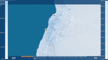 Animasyonlu gösterge - parlayan şekli, idari sınırları, ana şehirler, sermaye ile Lübnan bölgede yağış aya göre. Sterografik projeksiyon
