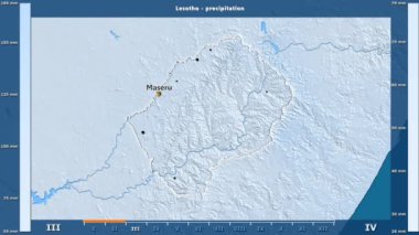 Lesotho alanı animasyonlu gösterge - İngilizce etiketleri ile aya göre Yağış: ülke ve sermaye adları, açıklama göster. Sterografik projeksiyon