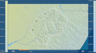 Lesotho alanda animasyonlu gösterge - parlayan şekli, idari sınırları, ana şehirler, sermaye ile güneş radyasyonu aya göre. Sterografik projeksiyon