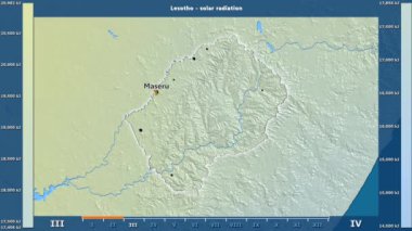 Aya göre güneş radyasyonu animasyonlu gösterge - İngilizce etiketleri Lesotho bölge: ülke ve sermaye adları, açıklama göster. Sterografik projeksiyon