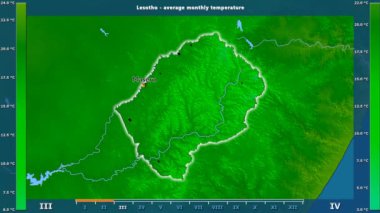 Ortalama sıcaklık ay tarafından animasyonlu gösterge - İngilizce etiketleri Lesotho bölge: ülke ve sermaye adları, açıklama göster. Sterografik projeksiyon