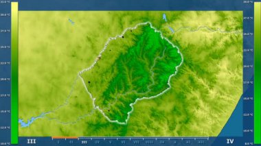 Lesotho alanda animasyonlu gösterge - parlayan şekli, idari sınırları, ana şehirler, sermaye ile maksimum sıcaklık aya göre. Sterografik projeksiyon