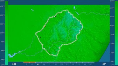 Animasyonlu gösterge - parlayan şekli, idari sınırları, ana şehirler, sermaye Lesotho alanında minimum sıcaklığı aya göre. Sterografik projeksiyon