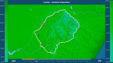 Lesotho alanda animasyonlu gösterge - İngilizce etiketleri ile aya göre minimum sıcaklığı: ülke ve sermaye adları, açıklama göster. Sterografik projeksiyon