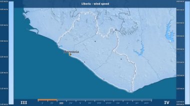 Rüzgar hızı aya göre animasyonlu gösterge - İngilizce etiketleri Liberya bölge: ülke ve sermaye adları, açıklama göster. Sterografik projeksiyon