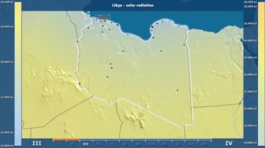 Aya göre güneş radyasyonu animasyonlu efsanesi - İngilizce etiketleri ile Libya alanında: ülke ve sermaye adları, açıklama göster. Sterografik projeksiyon