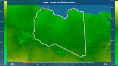 Ortalama sıcaklık ay tarafından animasyonlu efsanesi - İngilizce etiketleri ile Libya alanında: ülke ve sermaye adları, açıklama göster. Sterografik projeksiyon