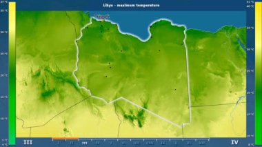 Aya göre maksimum sıcaklık animasyonlu efsanesi - İngilizce etiketleri ile Libya alanında: ülke ve sermaye adları, açıklama göster. Sterografik projeksiyon