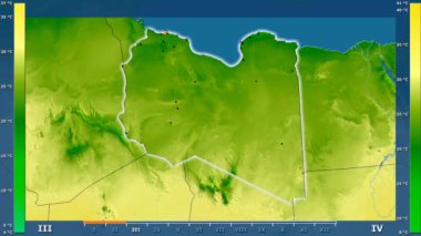 Animasyonlu efsanesi - parlayan şekli, idari sınırları, ana şehirler, sermaye ile Libya alanında maksimum sıcaklık aya göre. Sterografik projeksiyon