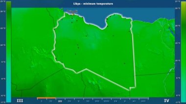 Animasyonlu efsanesi - İngilizce etiketleri ile Libya alanında aya göre minimum sıcaklığı: ülke ve sermaye adları, açıklama göster. Sterografik projeksiyon