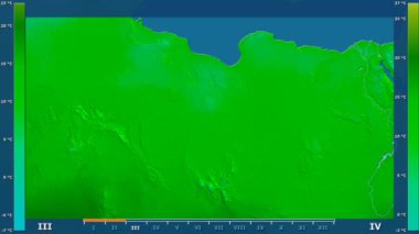 Animasyonlu efsanesi - ham renk shader ile Libya alanında minimum sıcaklığı aya göre. Sterografik projeksiyon