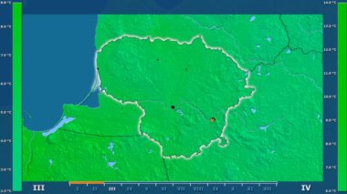 Animasyonlu efsanesi - parlayan şekli, idari sınırları, ana şehirler, sermaye ile Litvanya alanında maksimum sıcaklık aya göre. Sterografik projeksiyon