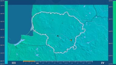 Animasyonlu efsanesi - parlayan şekli, idari sınırları, ana şehirler, sermaye ile Litvanya alanında minimum sıcaklığı aya göre. Sterografik projeksiyon