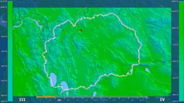 Animasyonlu efsanesi - parlayan şekli, idari sınırları, ana şehirler, sermaye ile Makedonya bölgesinde ortalama sıcaklık aya göre. Sterografik projeksiyon