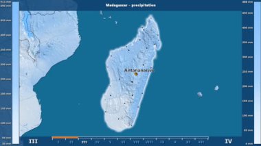 Madagaskar alanı animasyonlu gösterge - İngilizce etiketleri ile aya göre Yağış: ülke ve sermaye adları, açıklama göster. Sterografik projeksiyon