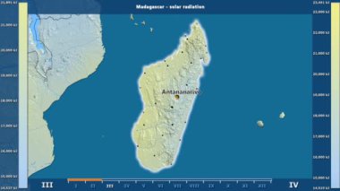 Aya göre güneş radyasyonu ile animasyonlu gösterge - İngilizce etiketleri Madagaskar alanında: ülke ve sermaye adları, açıklama göster. Sterografik projeksiyon