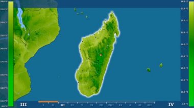 Madagaskar alanda animasyonlu gösterge - parlayan şekli, idari sınırları, ana şehirler, sermaye ile ortalama sıcaklık aya göre. Sterografik projeksiyon